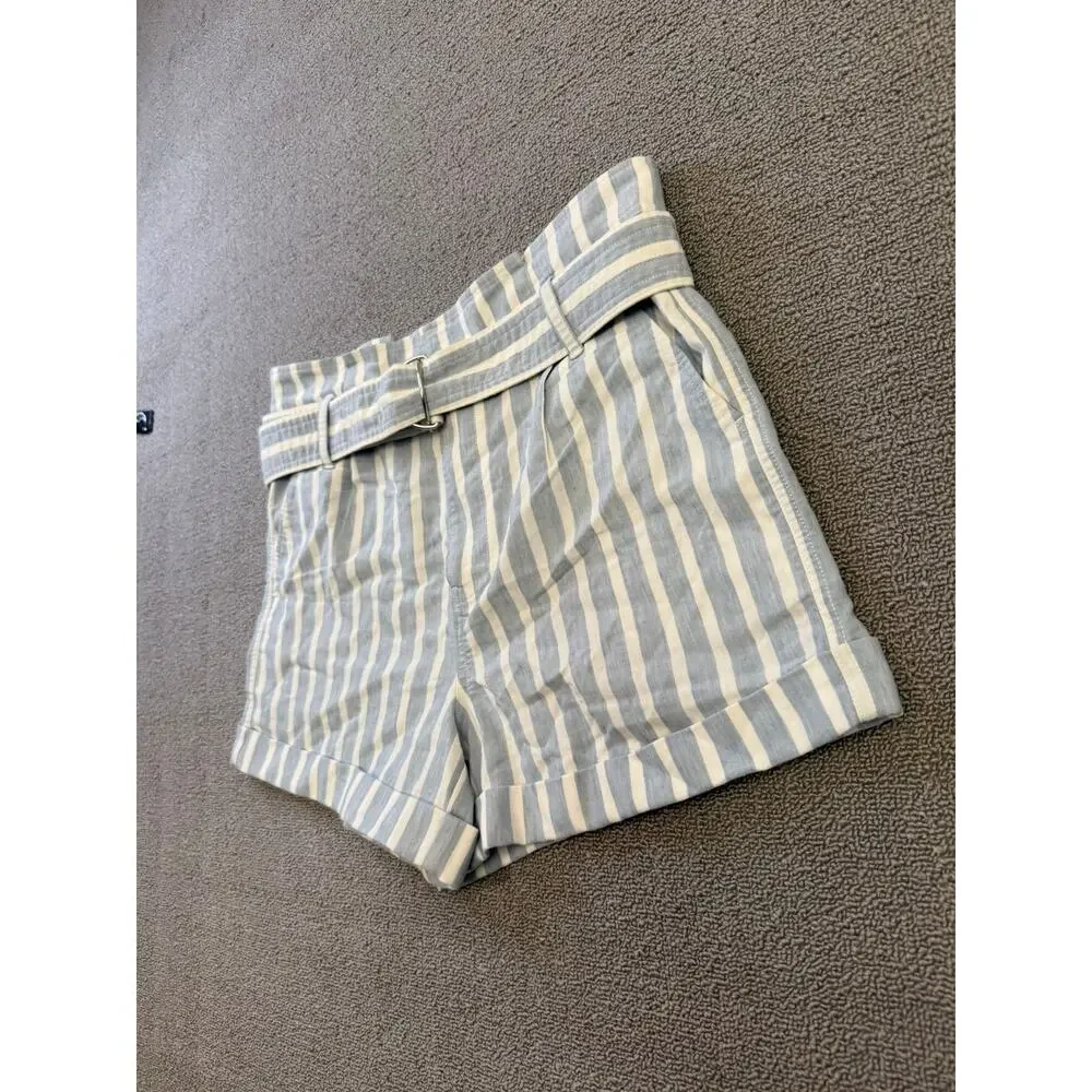 FRAME Women's 6 Casual Linen‎ Blend Shorts Chambray Light Blue Stripe